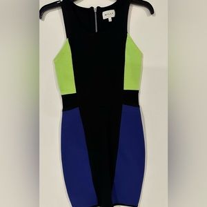 Milly Dress Small, Body-Con, Stretch Sheath, Indigo, Black, and Lime Green/Neon